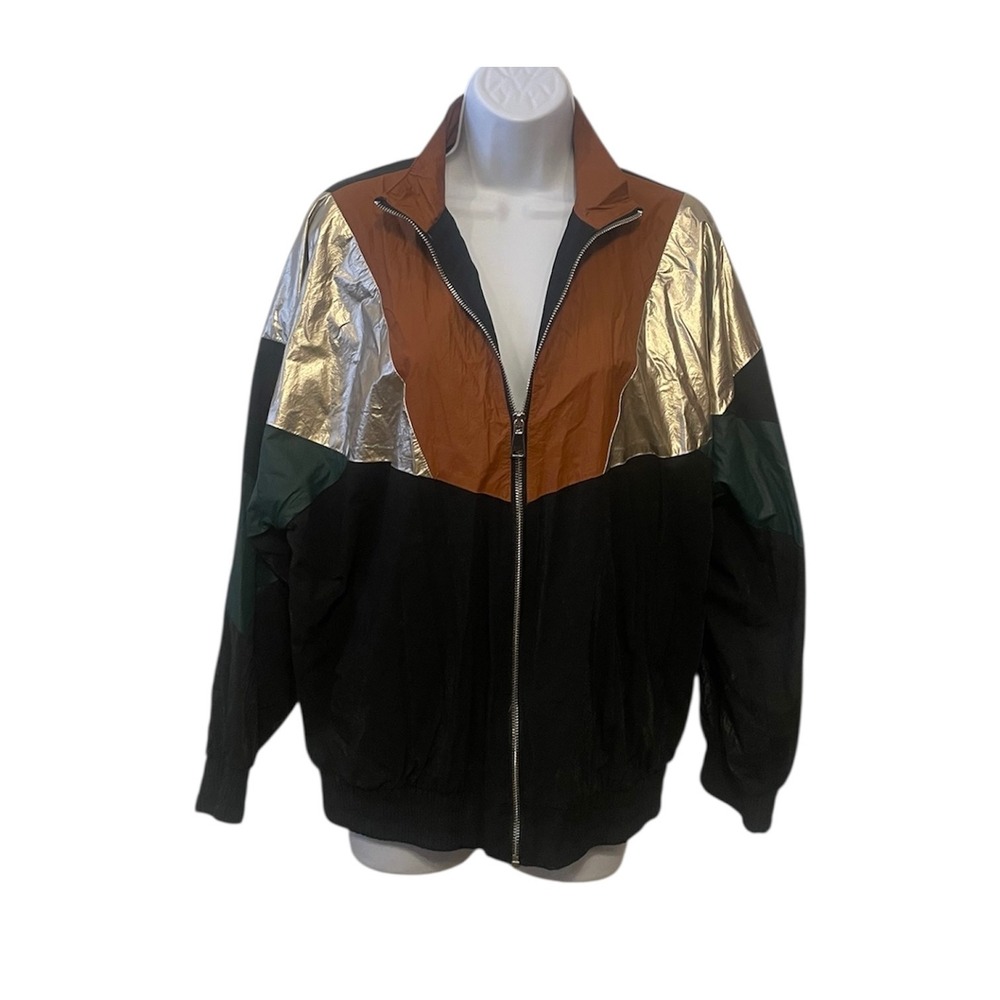Zara Metallic Silver, Brown & Black Colorblock Windbreaker Jacket